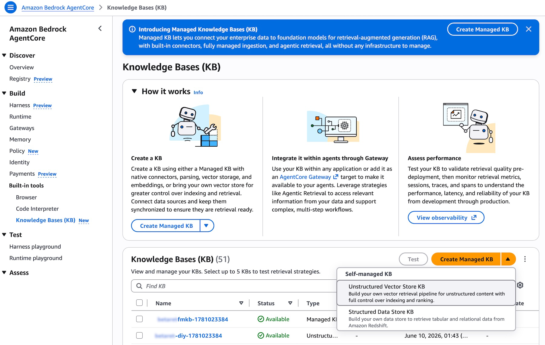 Picture 1 – Knowledge Bases list page in the Amazon Bedrock AgentCore console