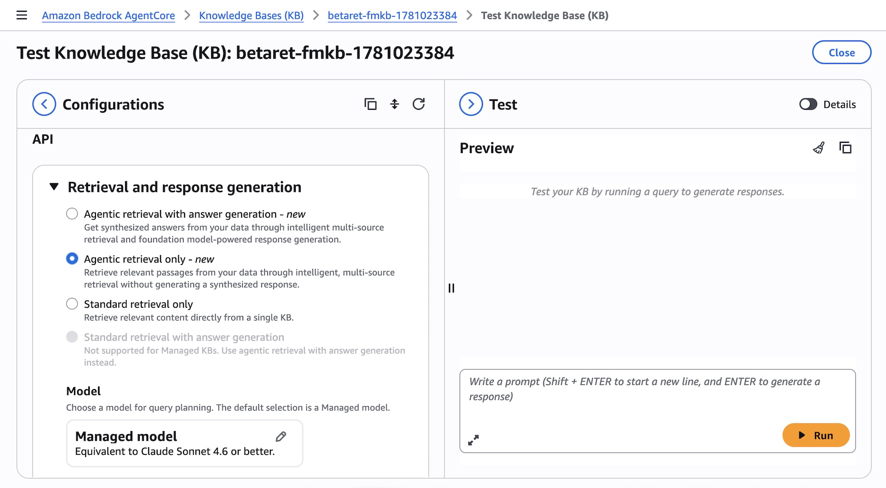 Picture 4 – Test Knowledge Base panel showing Agentic retrieval