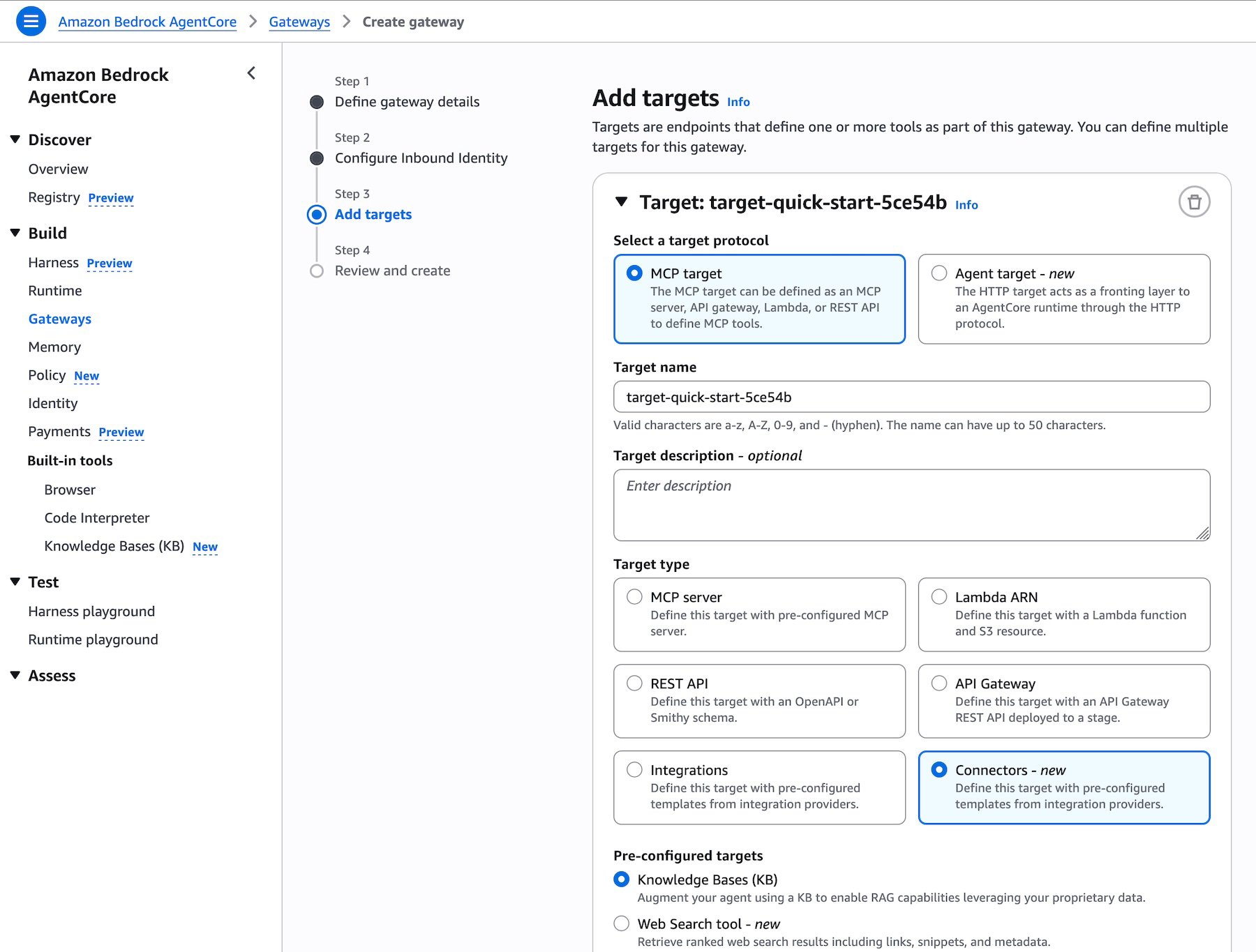 Picture 5 – Add targets page in AgentCore Gateway showing Knowledge Base