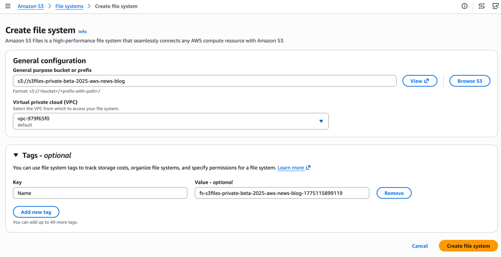 S3 Files create file system, part 2