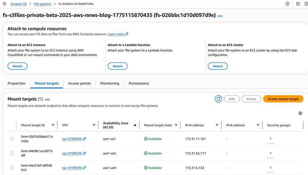 S3 Files mount targets