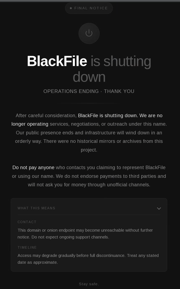 Figure 7: BlackFile DLS Shutdown Announcement