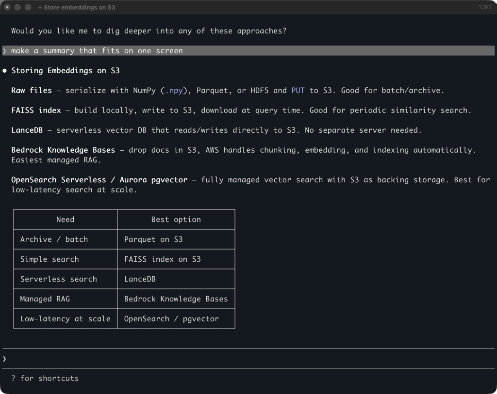 Claude Code response about S3 Vectors with Opus 4.6 and no AWS MCP Server