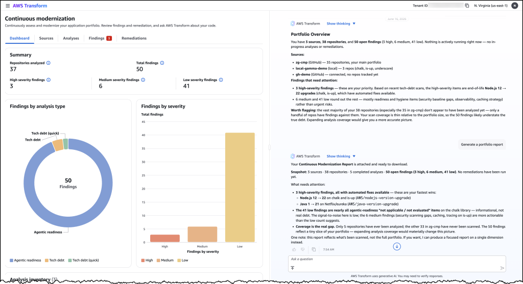 Dashboard do AWS Transform – continuous modernization