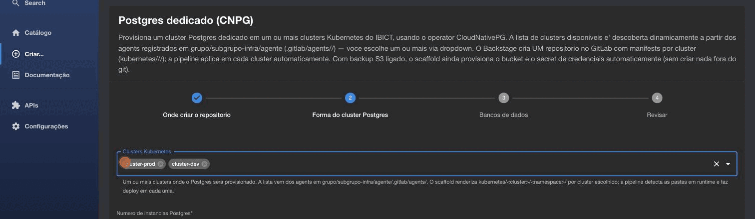Formulário de self-service do template Postgres dedicado (CNPG) no Backstage