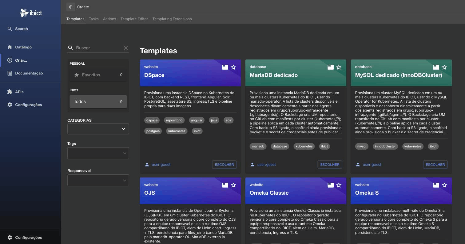 Catálogo de templates de self-service no portal Backstage