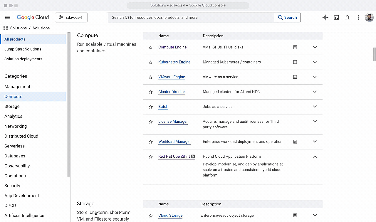 Interface do console de integração OpenShift-Google Cloud