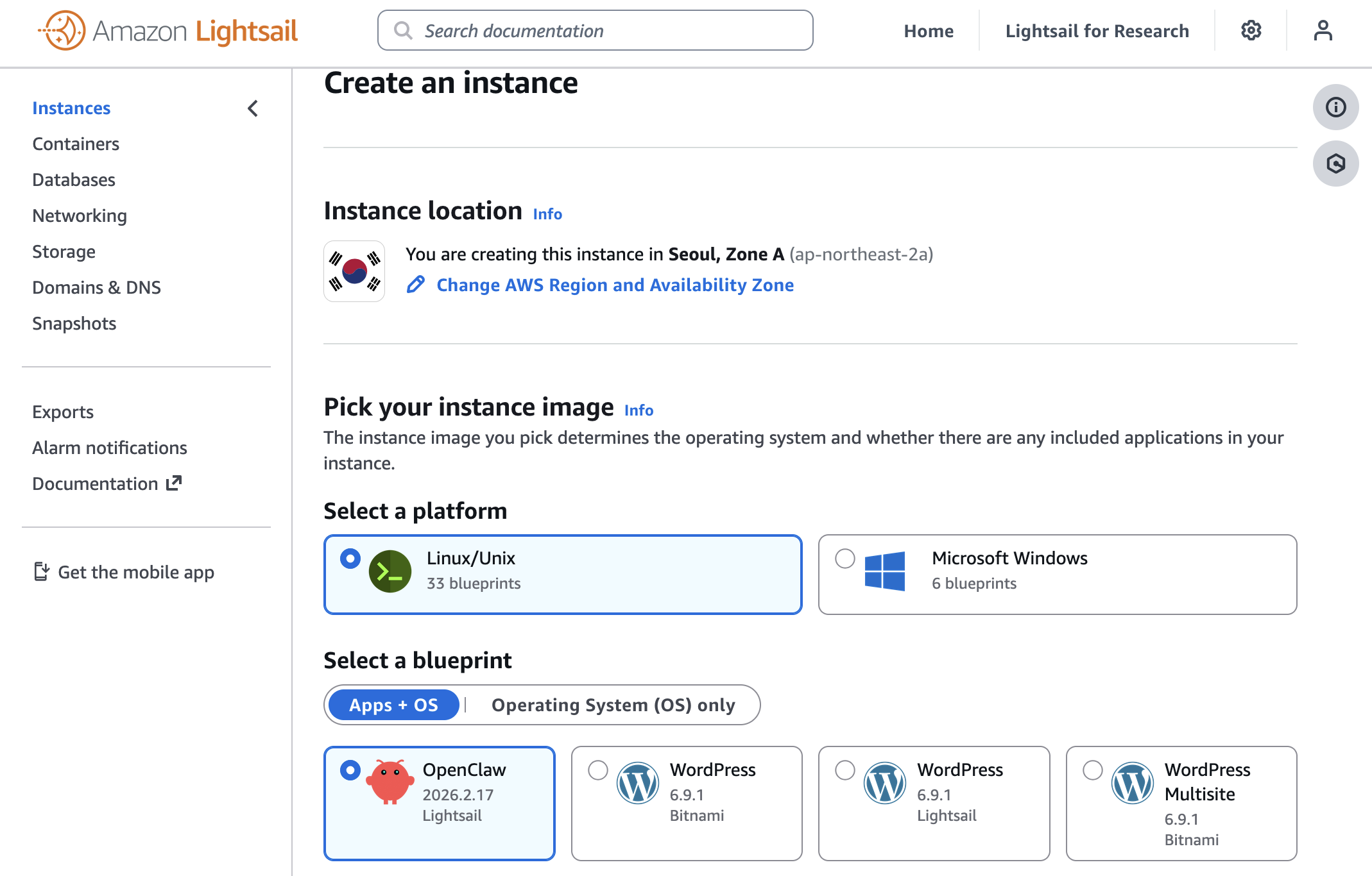 configuração da instância