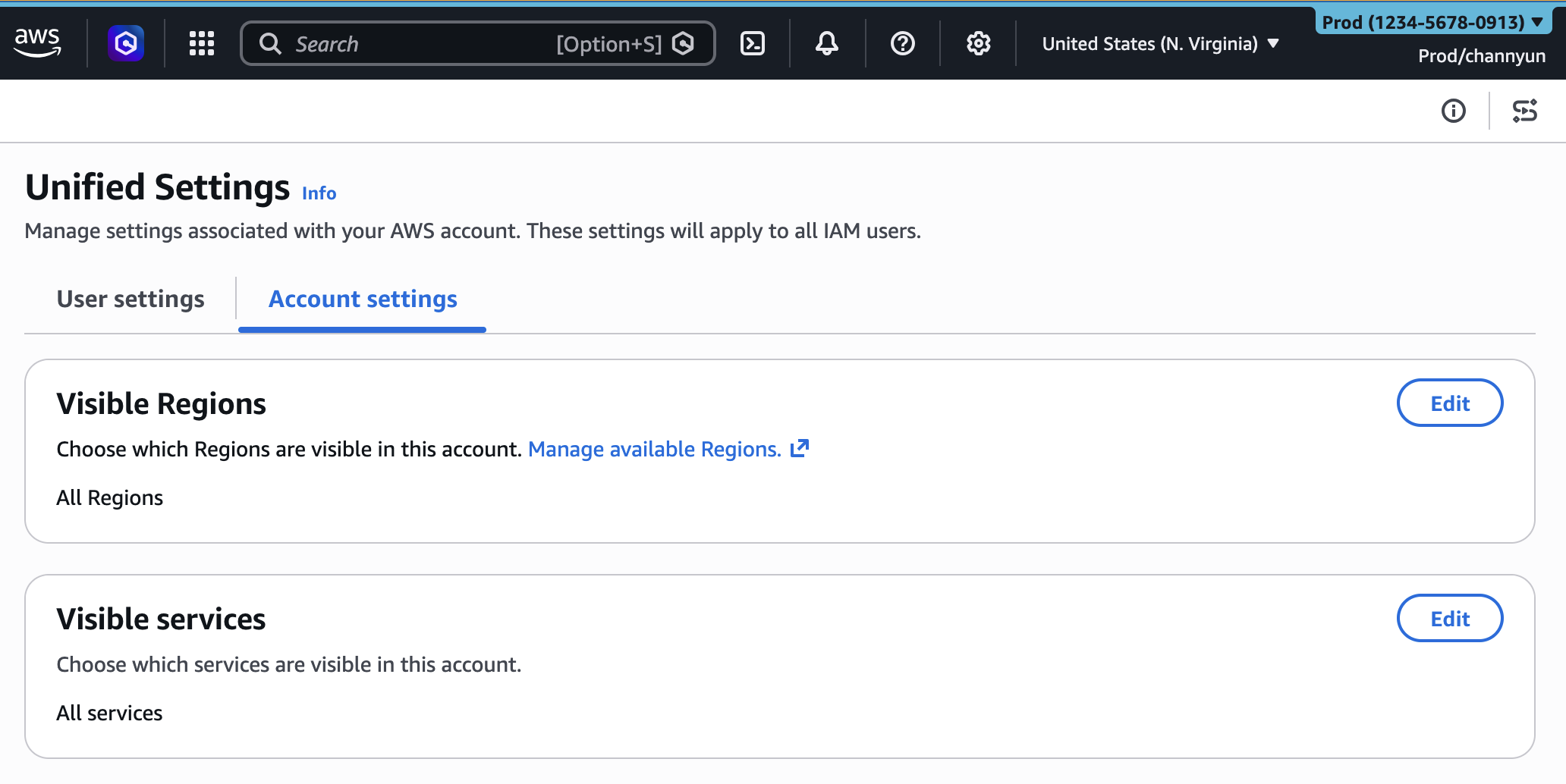 Painel de configurações de visibilidade