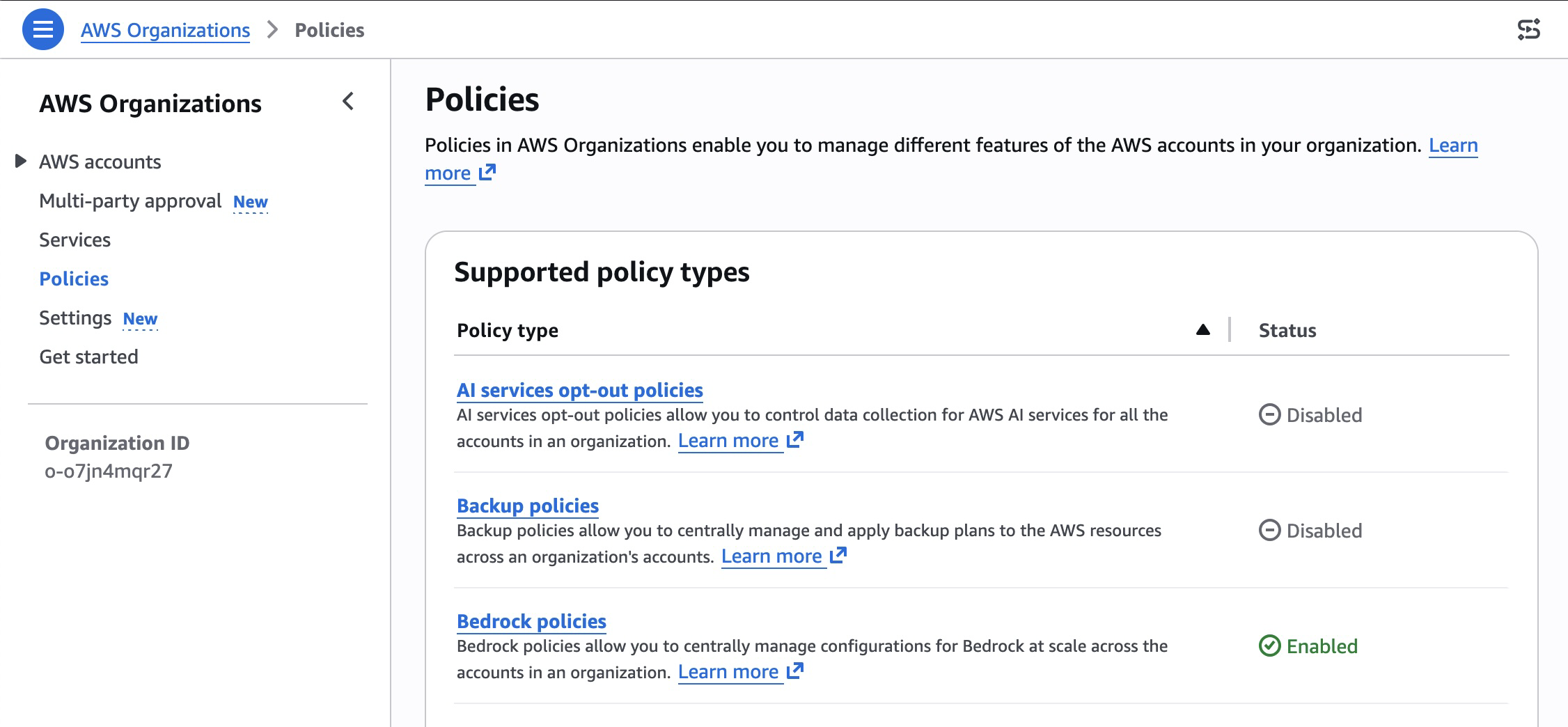 Menu de policies no AWS Organizations