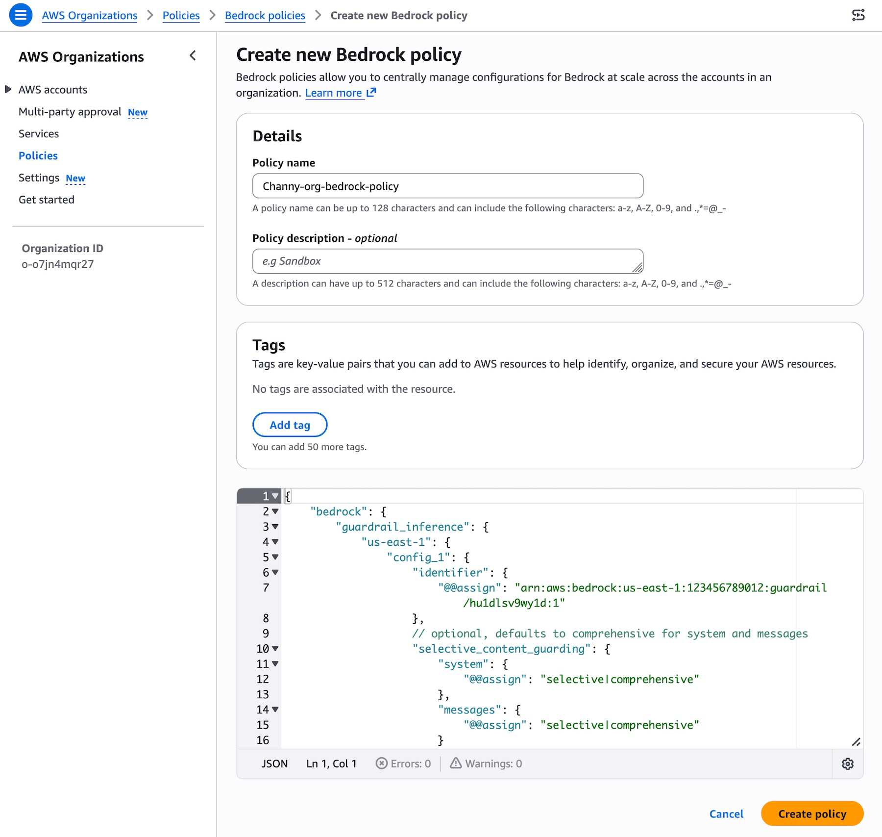 Criação de policy no Organizations