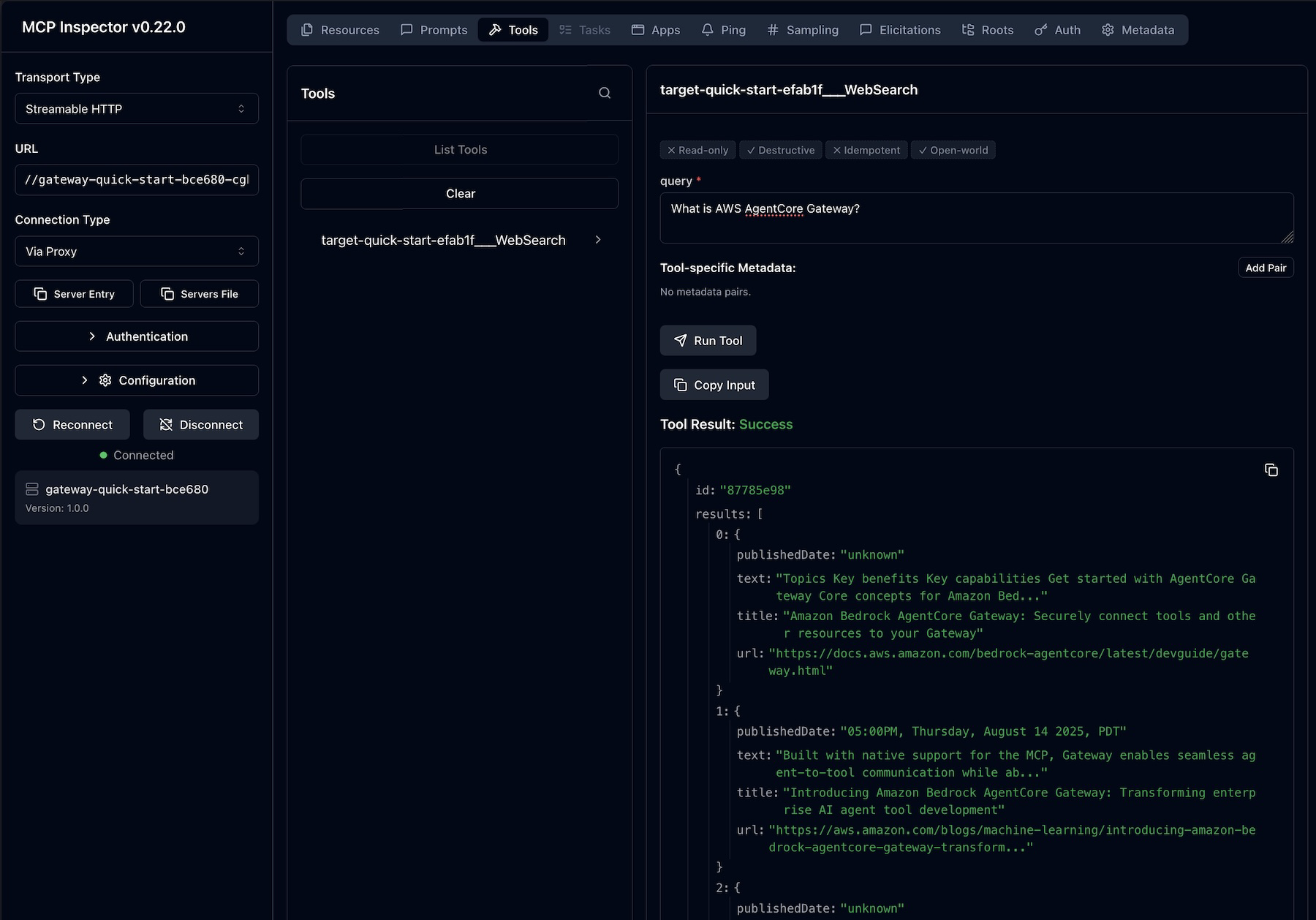 MCP Inspector testando Web Search