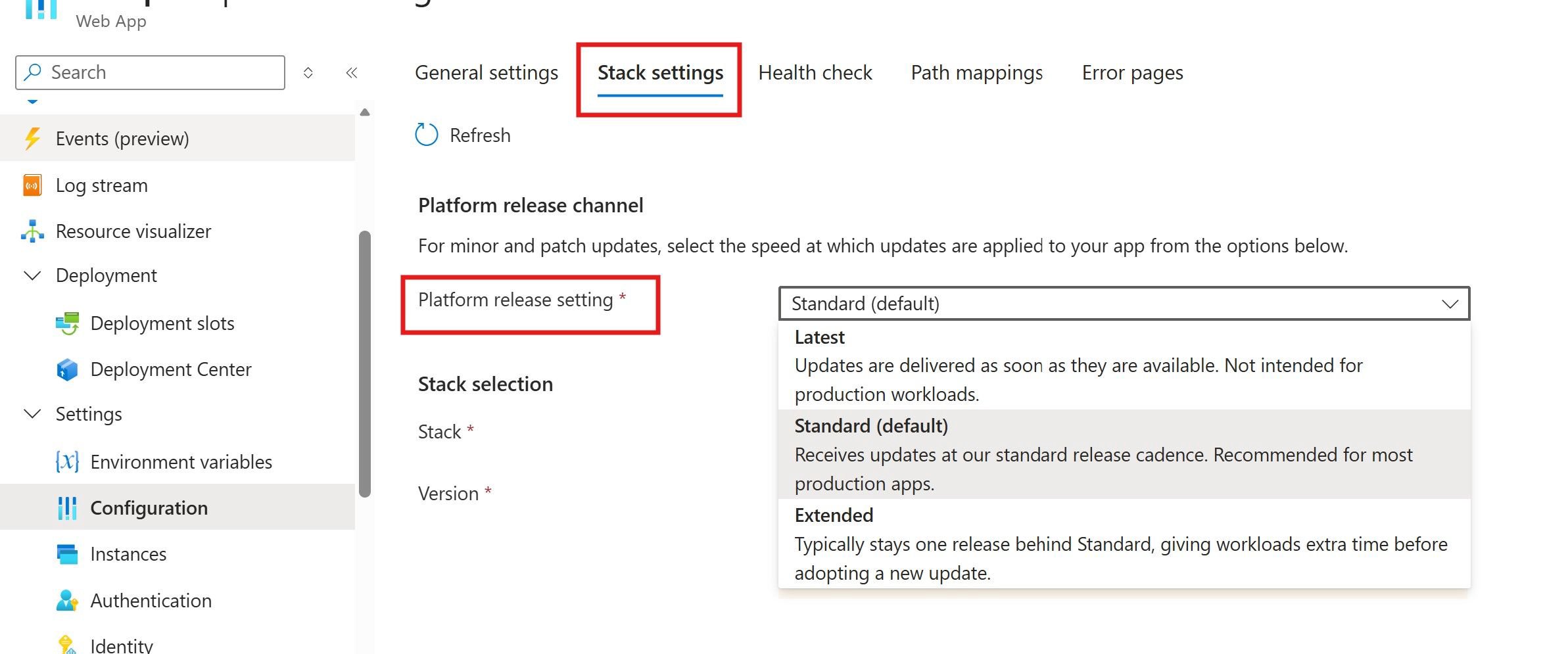 Controlando atualizações de runtime com o Platform Release Channel no Azure App Service