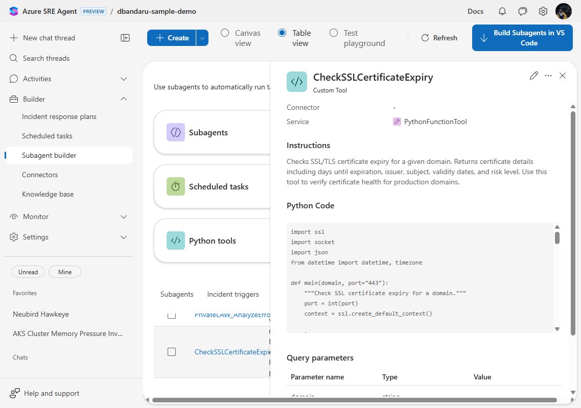 Monitoramento de SSL personalizado com Azure SRE Agent: Da automação em Python à prática operacional