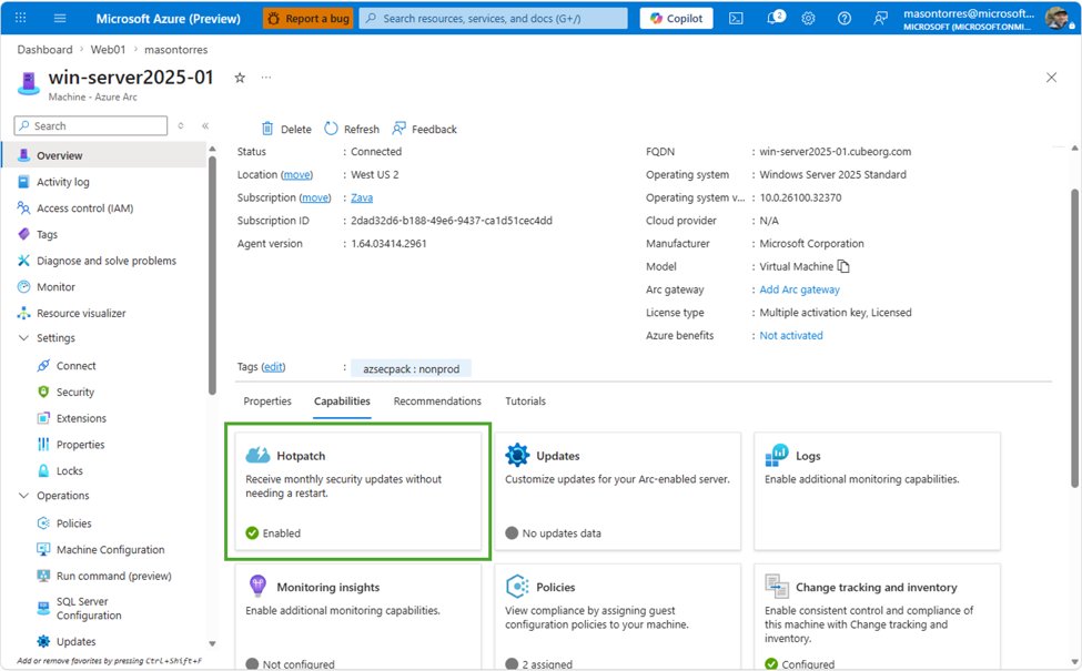 Eficiência Operacional: Hotpatching no Windows Server 2025 via Azure Arc sem Custo Adicional